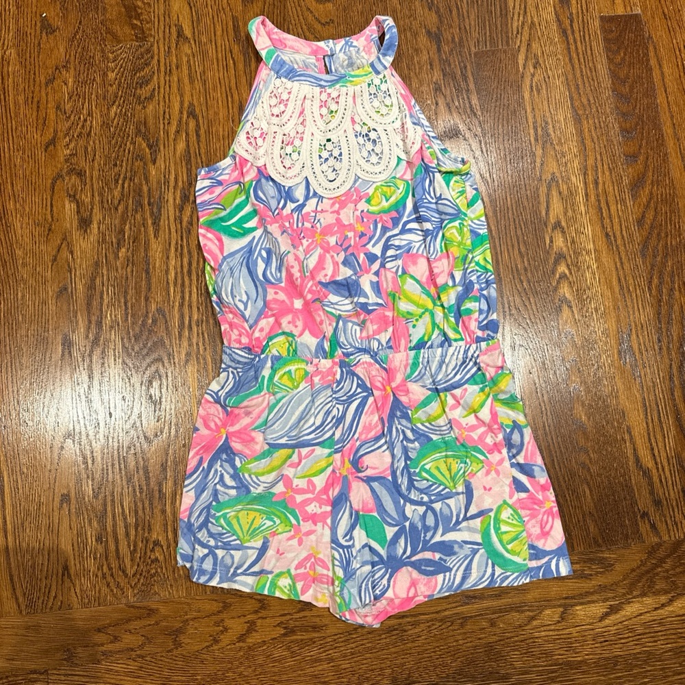 Girls Lilly Pulitzer Floral Halter Romper with Lace Detail